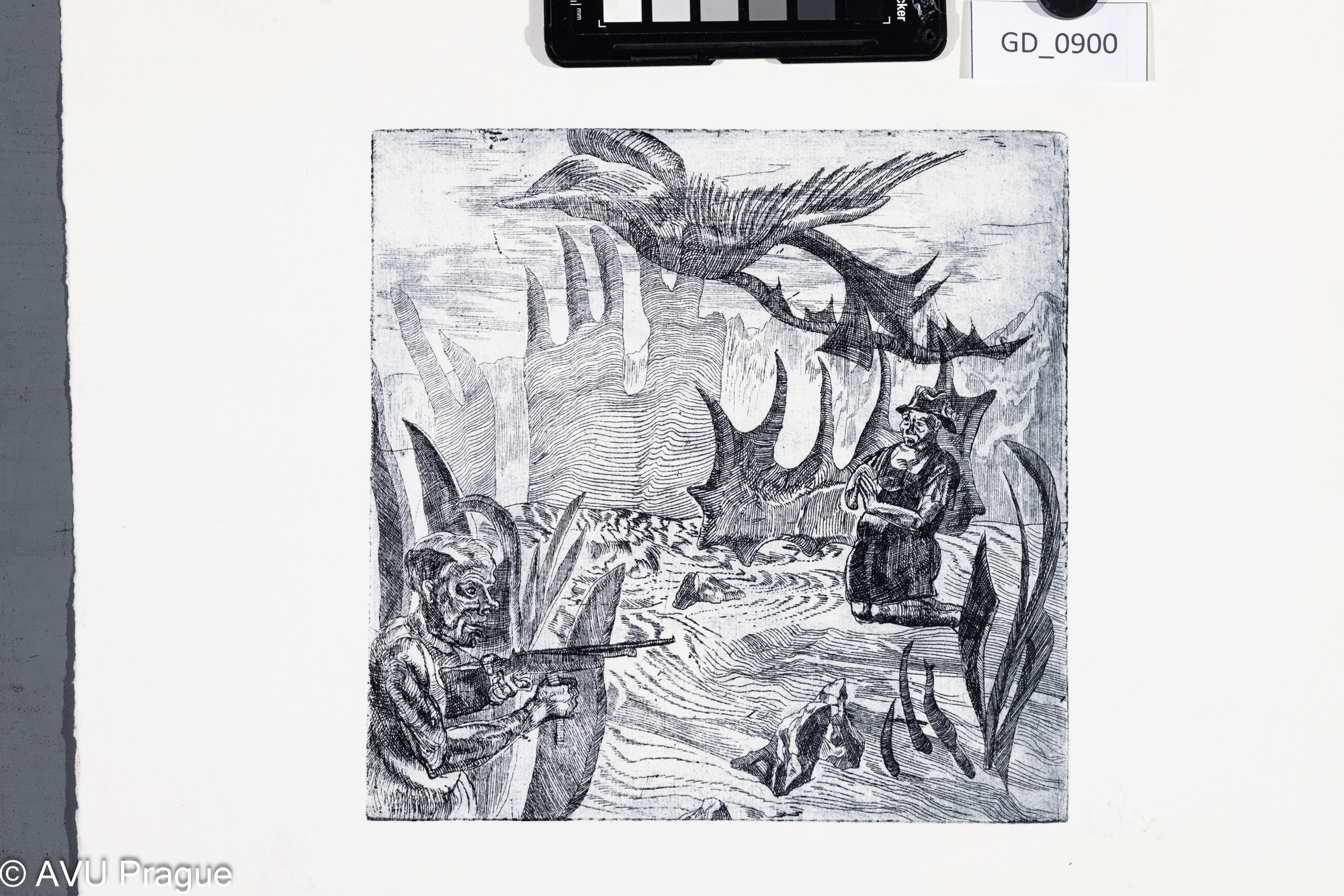 nezjištěno, ilustrace - muž s pistolí,Lept, 21,5 x 21,8, 58,6 x 42