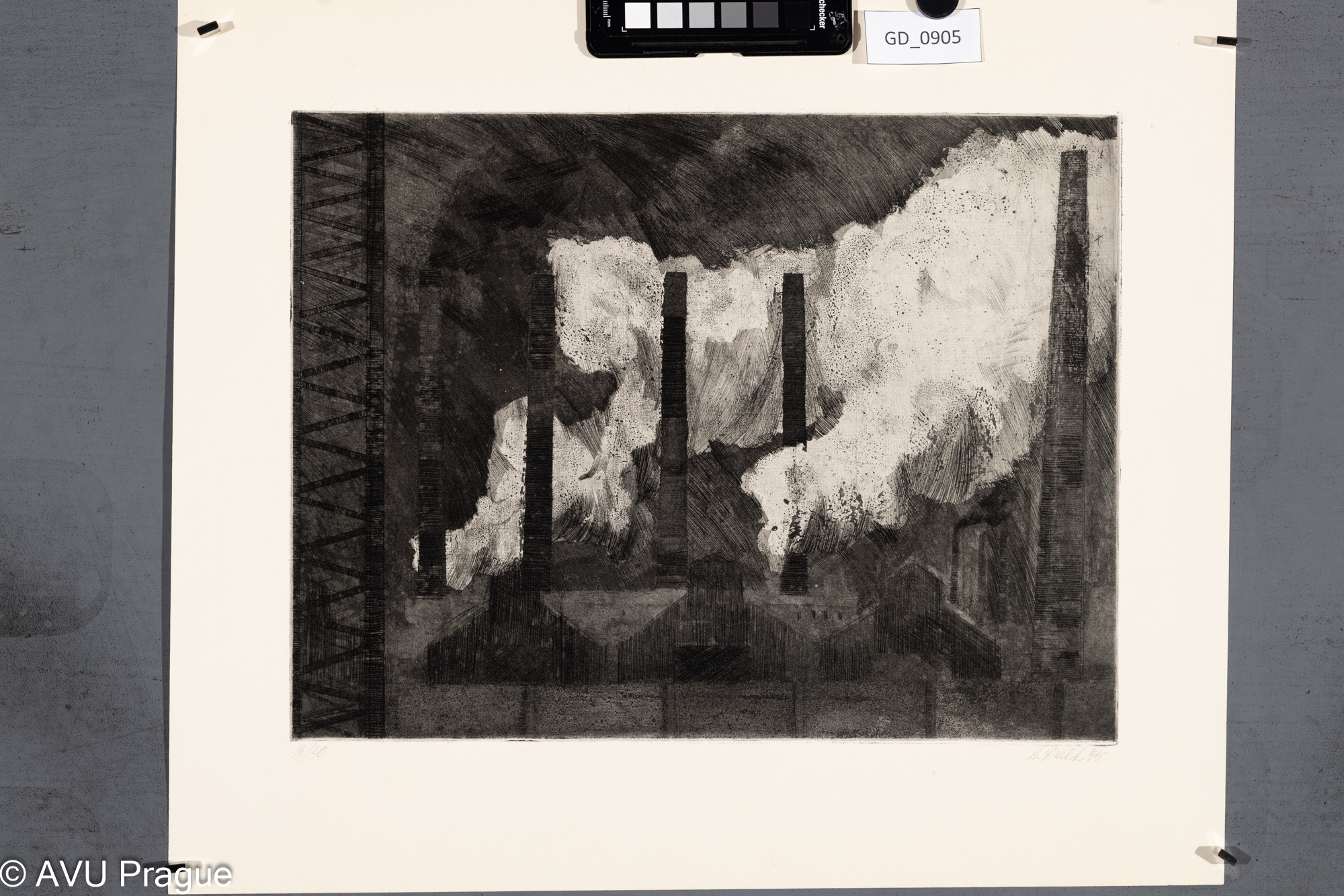 Lubomír Dušek, Komíny s kouřem, 1975, Lept / akvatinta,29,5 x 39, 42,5 x 49, Čepelák