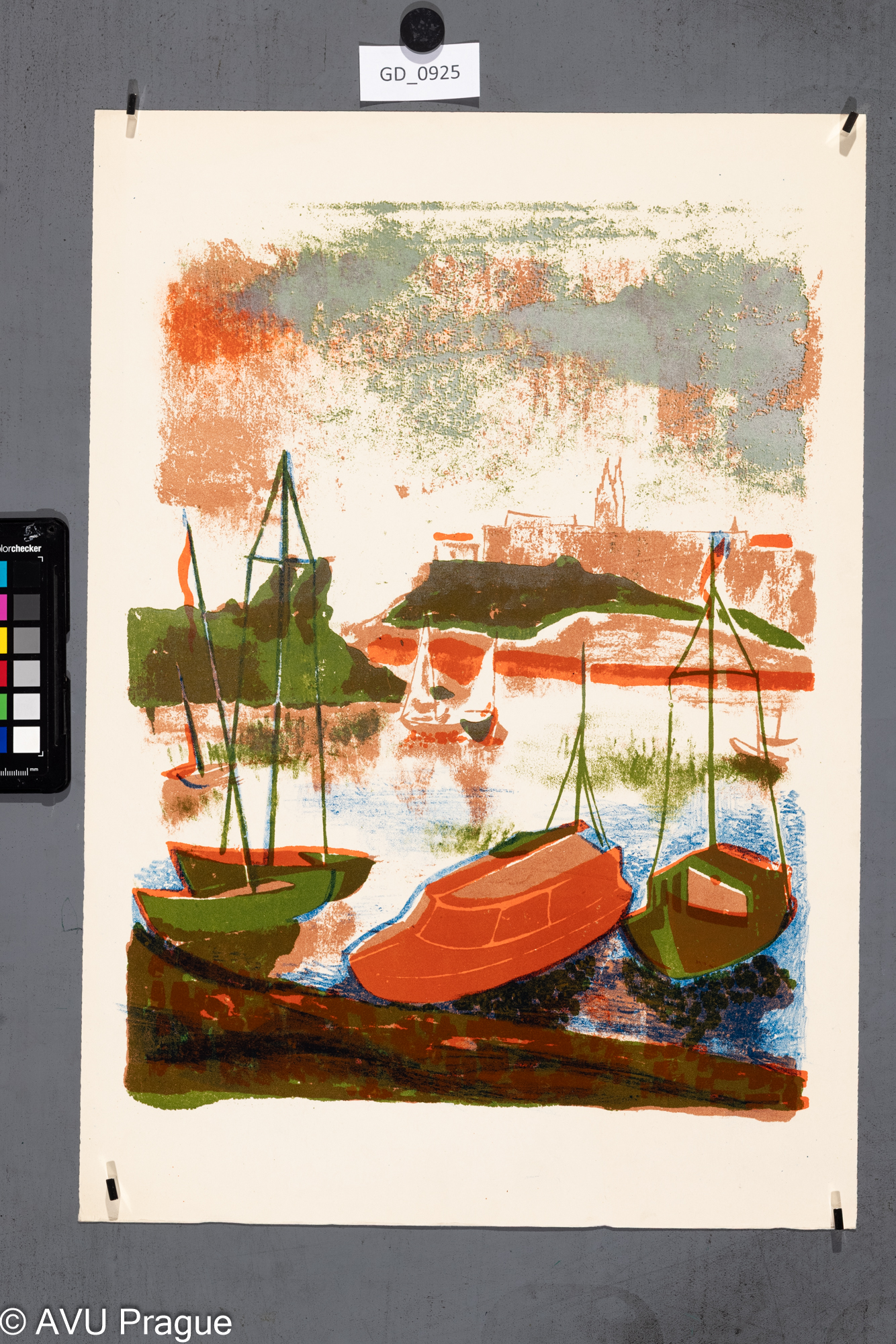 nezjištěno, Podolí - přístav,Litografie - tři barvy, 41,5 x 31,50,4 x 35,1