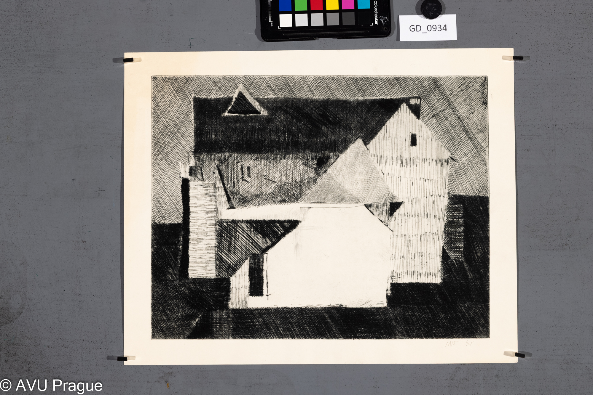 Jaroslav J. Alt, Kompozice - architektura, 1971-72, Suchá jehla, 25,8 x 32,5, 30,3 x 37,8,Ondráček / Slánský