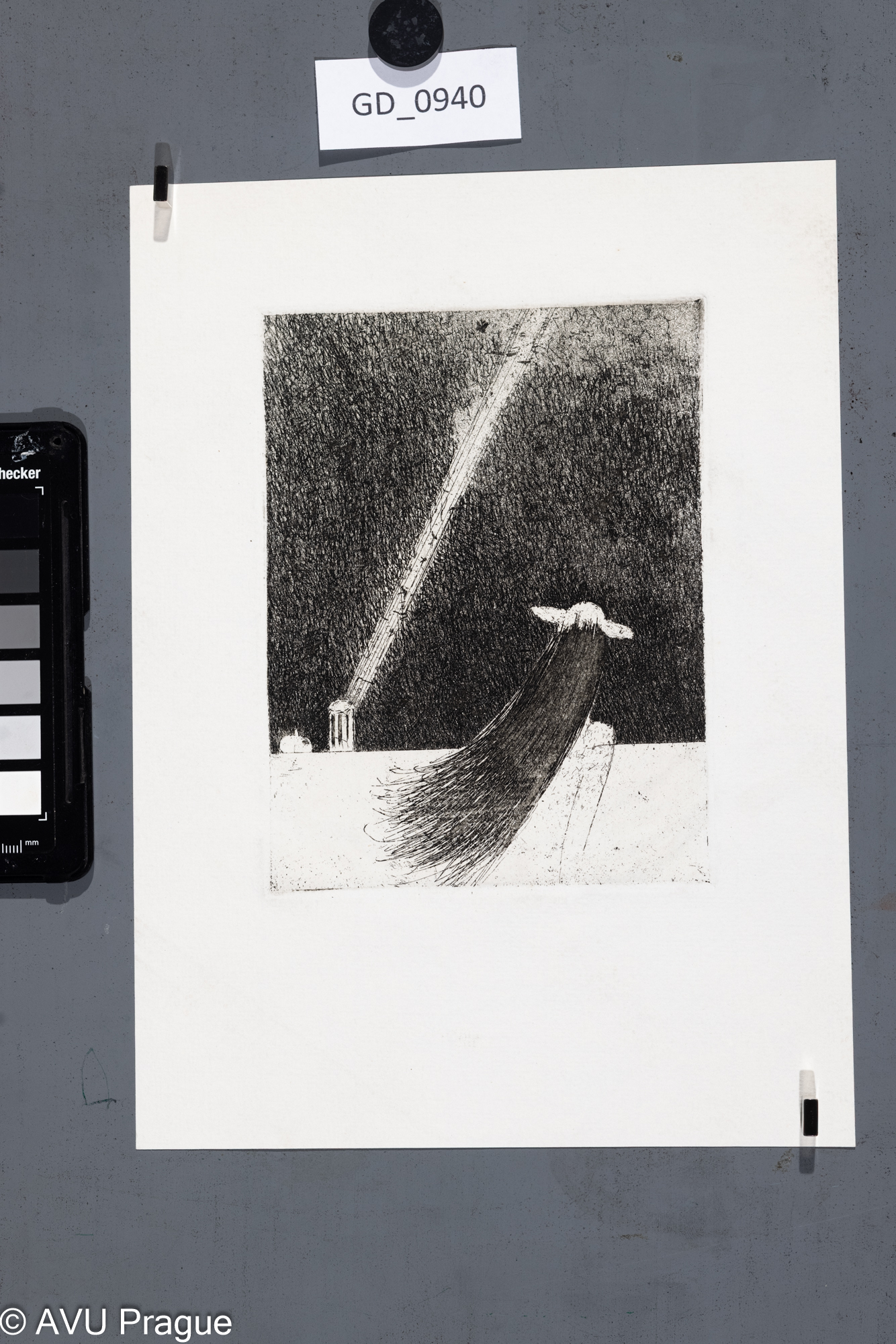 nezjištěno, Ilustrace - dáma, chrám, obloha, Lept, 16 x 12,3,26,5 x 19,4