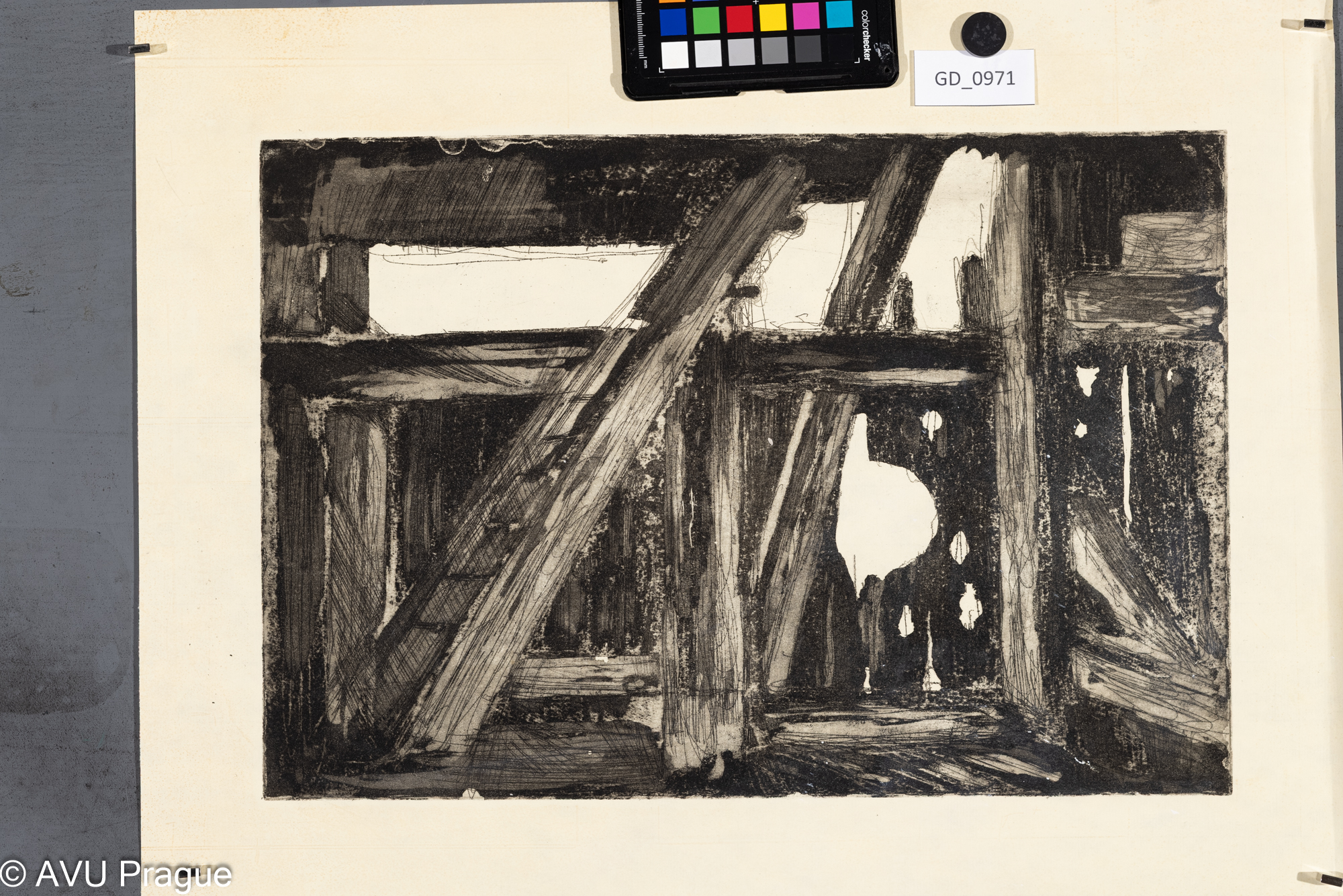 Neurčeno, Ve stodole, Lept / akvatinta, 29,8 x 43,7, 41,5 x 54,5