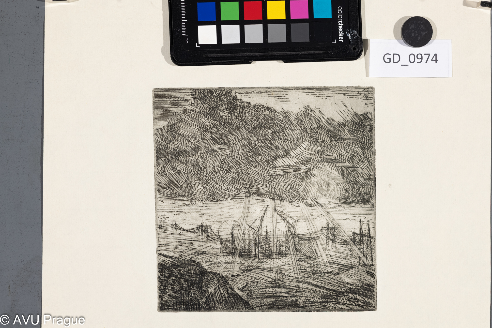 Neurčeno, Krajinný motiv s oblaky, Lept, 14,5 x 14,3, 42,9 x 29,3,