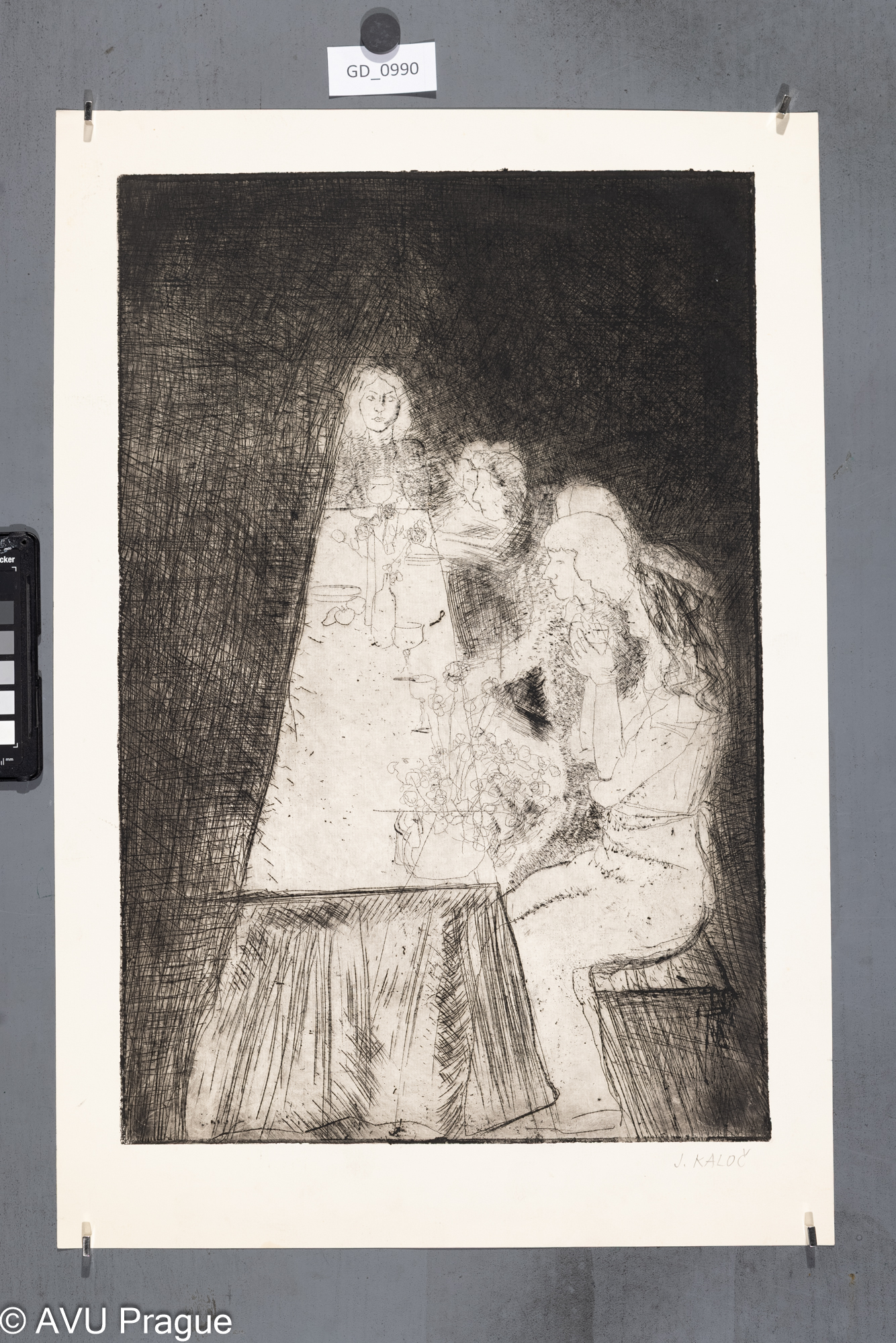 Jiří Kaloč, U stolu, 70. léta, Lept48,7 x 32,4, 57 x 38,6, Souček