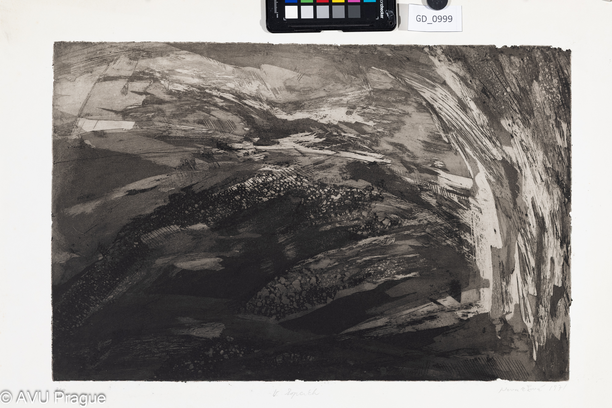 Zuzana Nováčková, V kopcích,1971,Lept / akvatinta, 32,3 x 49,5,48,3 x 59,4, Čepelák