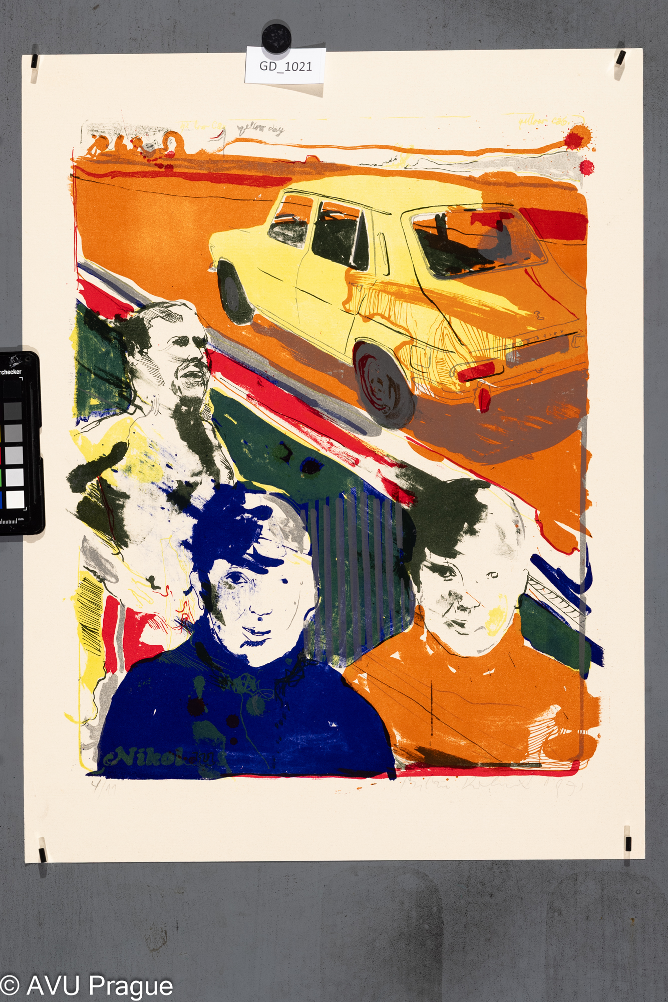 Milan Kohout, Figurální kompozice s autem, 1971, Litografie - pět barev, 44,8 x 36,55,2 x 42, Čepelák