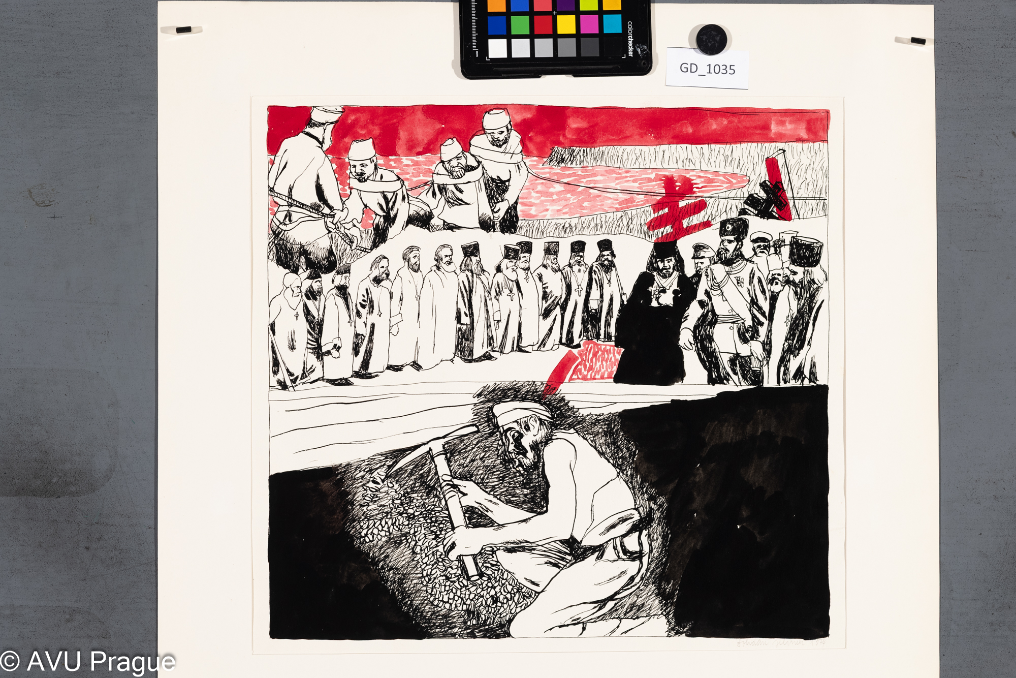 Bohdan Jelínek, Život na Rusi II., 1974Kresba, 34,6 x 36,6, 59,2 x 42,Čepelák