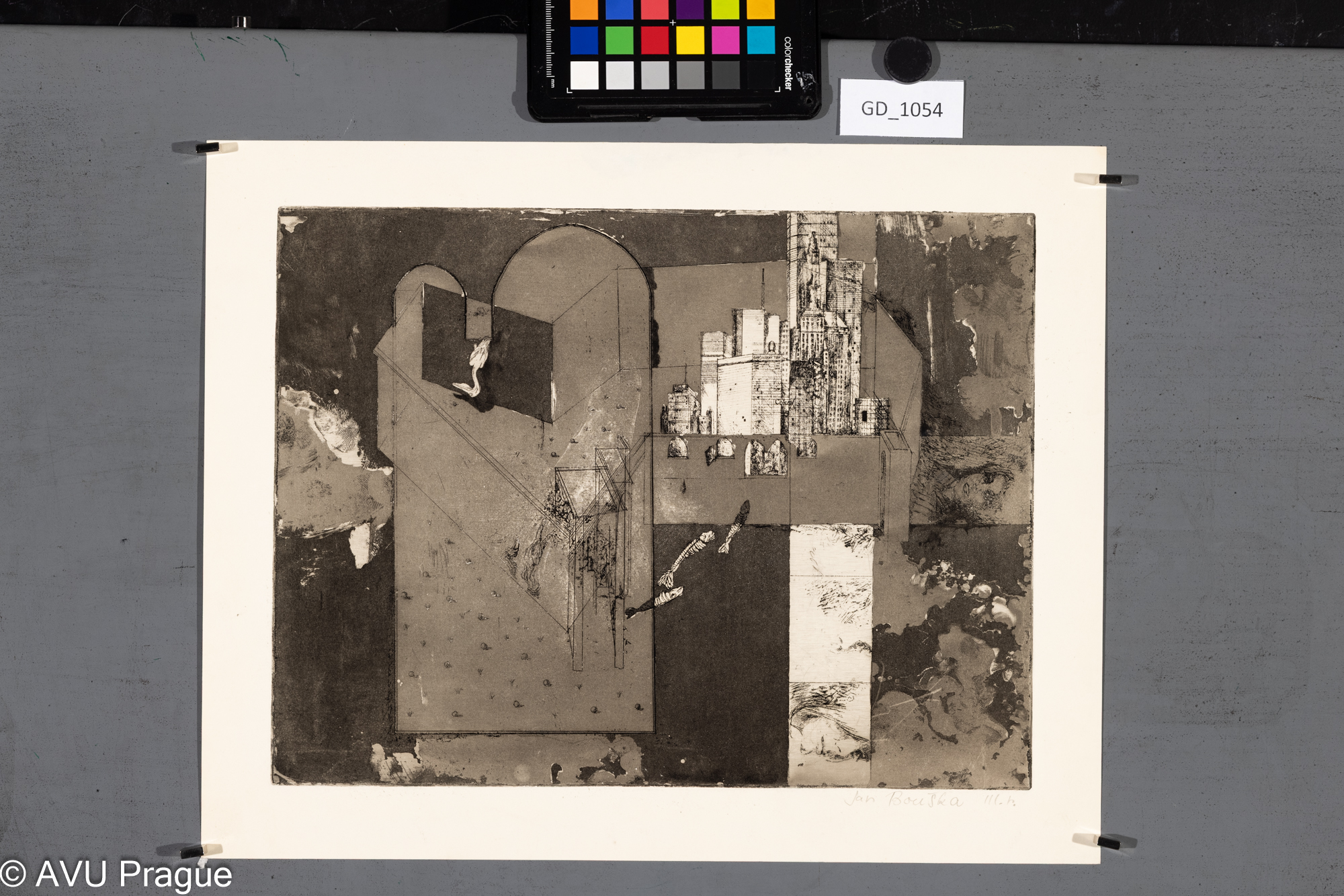 Jan Bouška, Kompozice - architektura, zátiší, figura,Lept / akvatinta, 24,6 x 32,3, 30,6 x 38,3