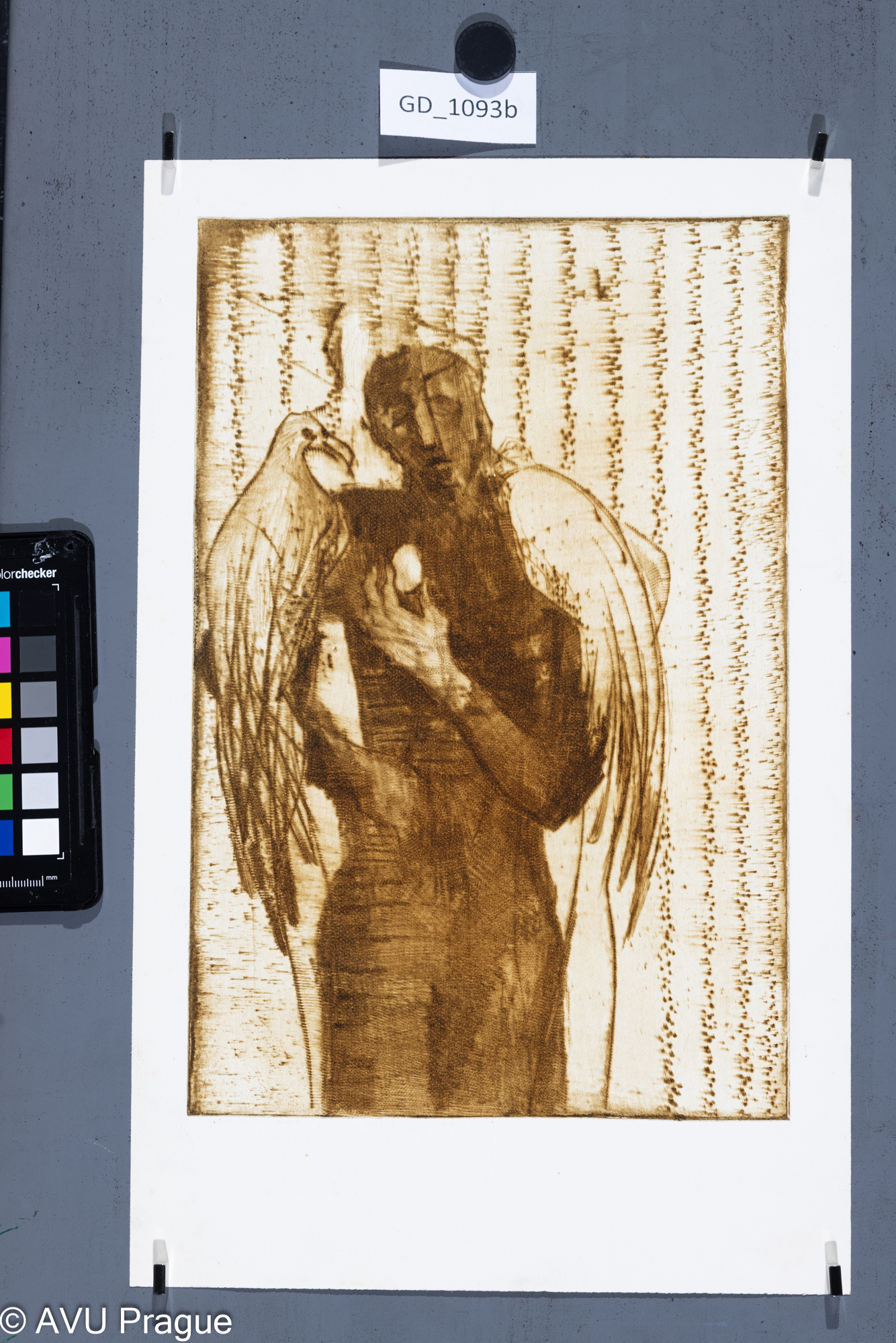 Radana Jařabáčová, Muž s ptáky a vejicem (Iluzionista), 1980,Suchá jehla, 29,2 x 19,5, 37,3 x 23,5, Čepelák