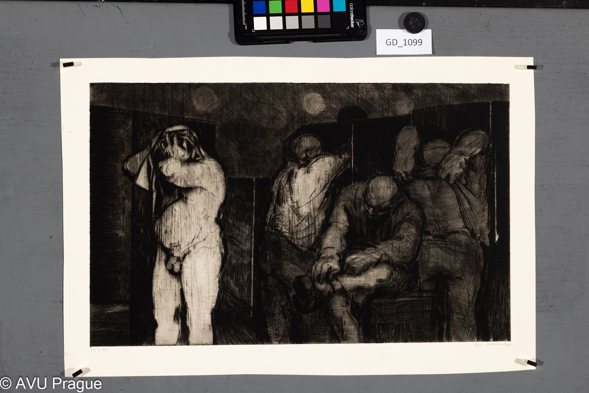 Mikoláš Axmann, Muži ve sprchách,1980, Suchá jehla, 24,5 x 39,7,29,9 x 44,5, Čepelák