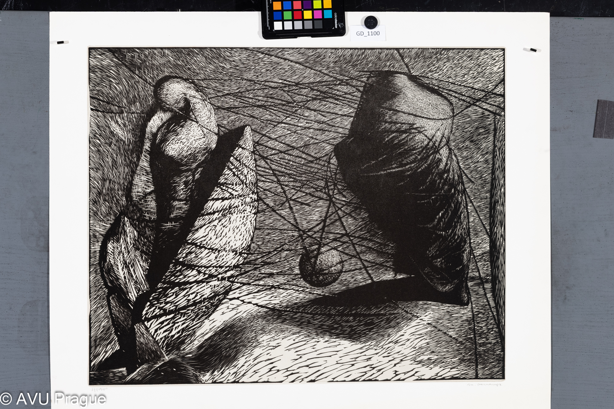 Mikoláš Axmann, Kompozice - zámotky, 1982, Linoryt s podtiskem,50,8 x 62,6, 62,5 x 74,6,Čepelák