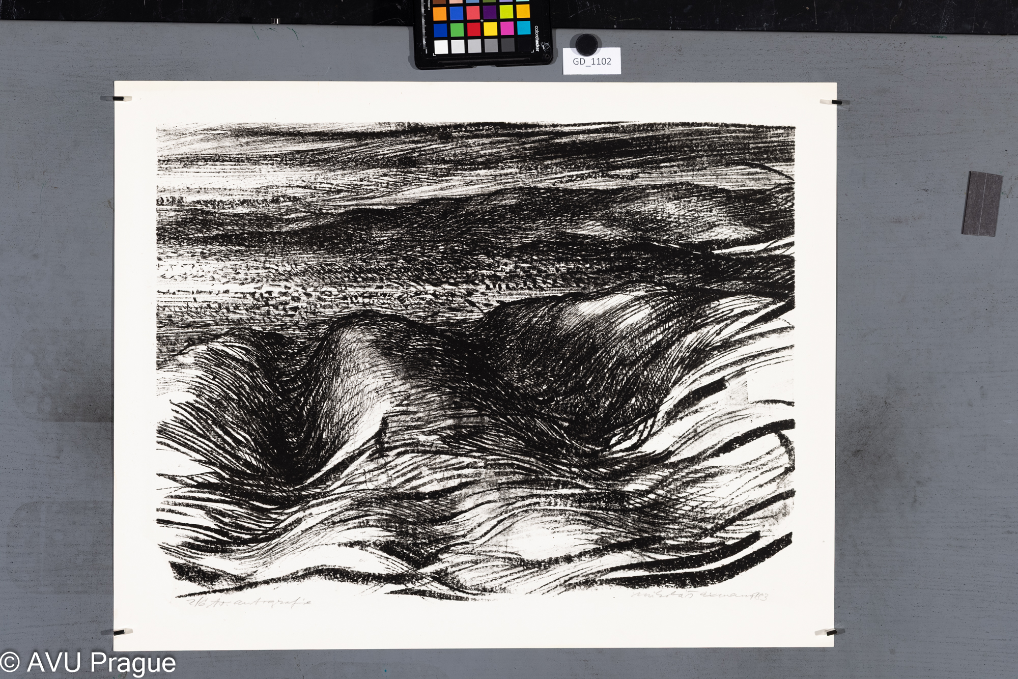 Mikoláš Axmann, Krajina, 1983,Litografie - autografie, 42,5 x 57,6,51,3 x 65,1, Čepelák