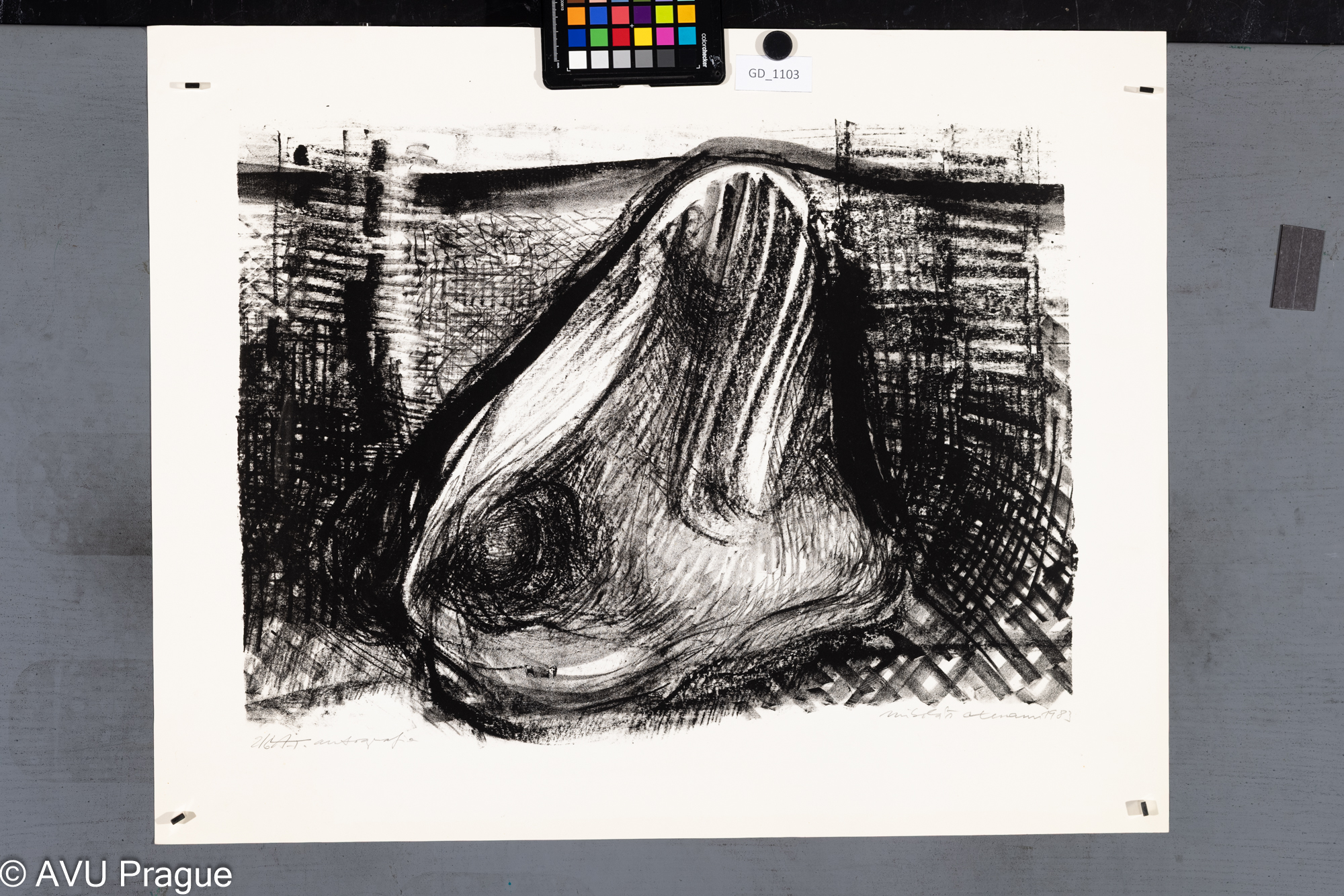 Mikoláš Axmann, abstraktní krajina,1983, Litografie - autografie, 42 x 57,1, 55,4 x 69,5, Čepelák