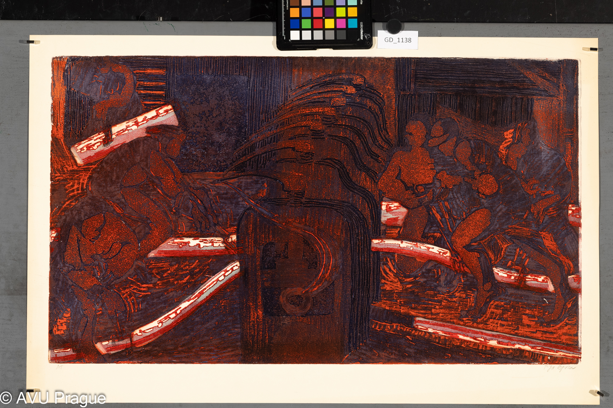 Tatjana Popocaová,Válcovací stolice a valcíři,1982,Lept / akvatinta - prolept-soutisk, 39,8 x 69, 47,7 x 74,2, Čepelák