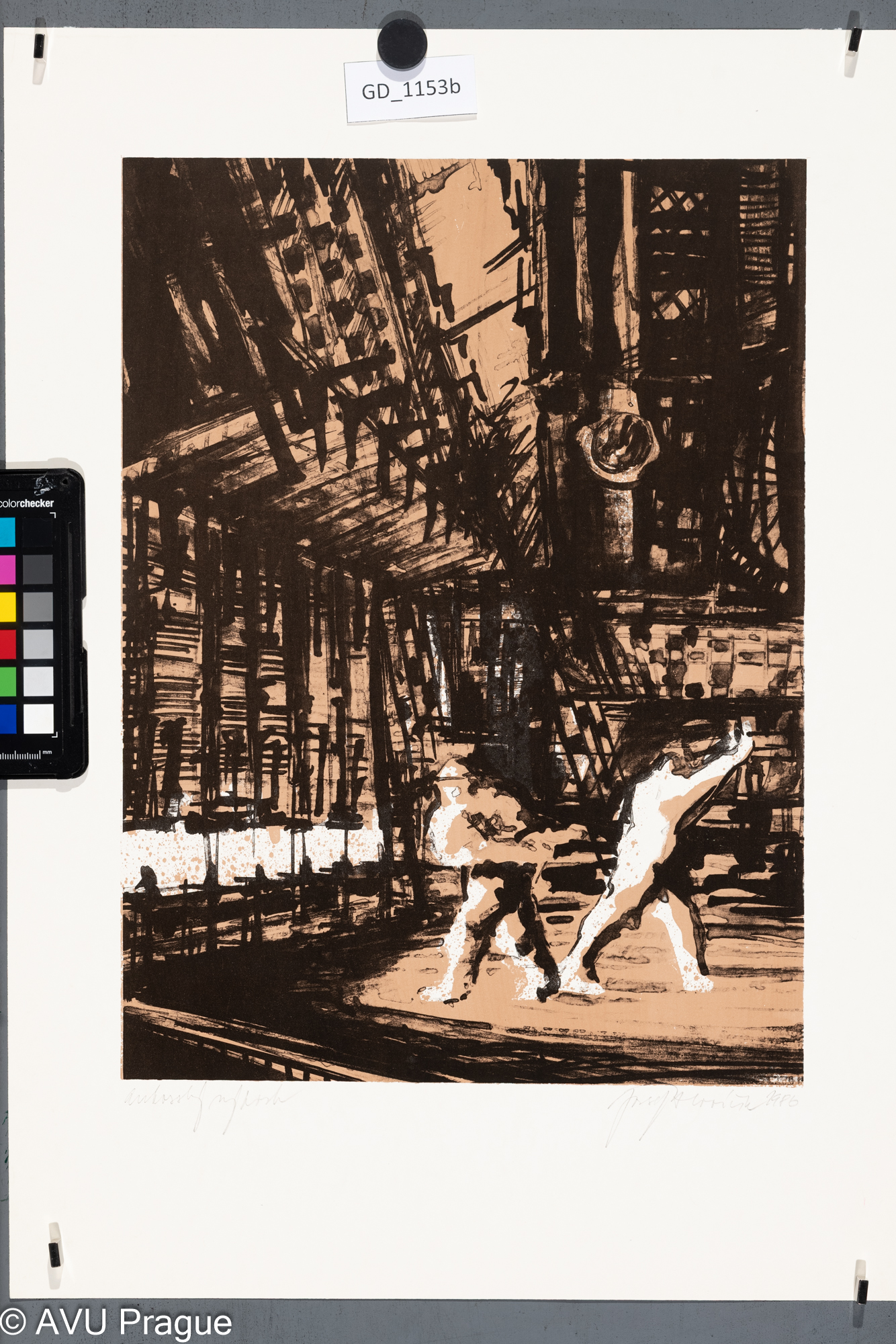 Josef Hlaváček, Dělníci v továrně, 1986, Litografie- tuž -dvě barvy, 37,3 x 27,5,          
 51,3 x 36,1, Čepelák