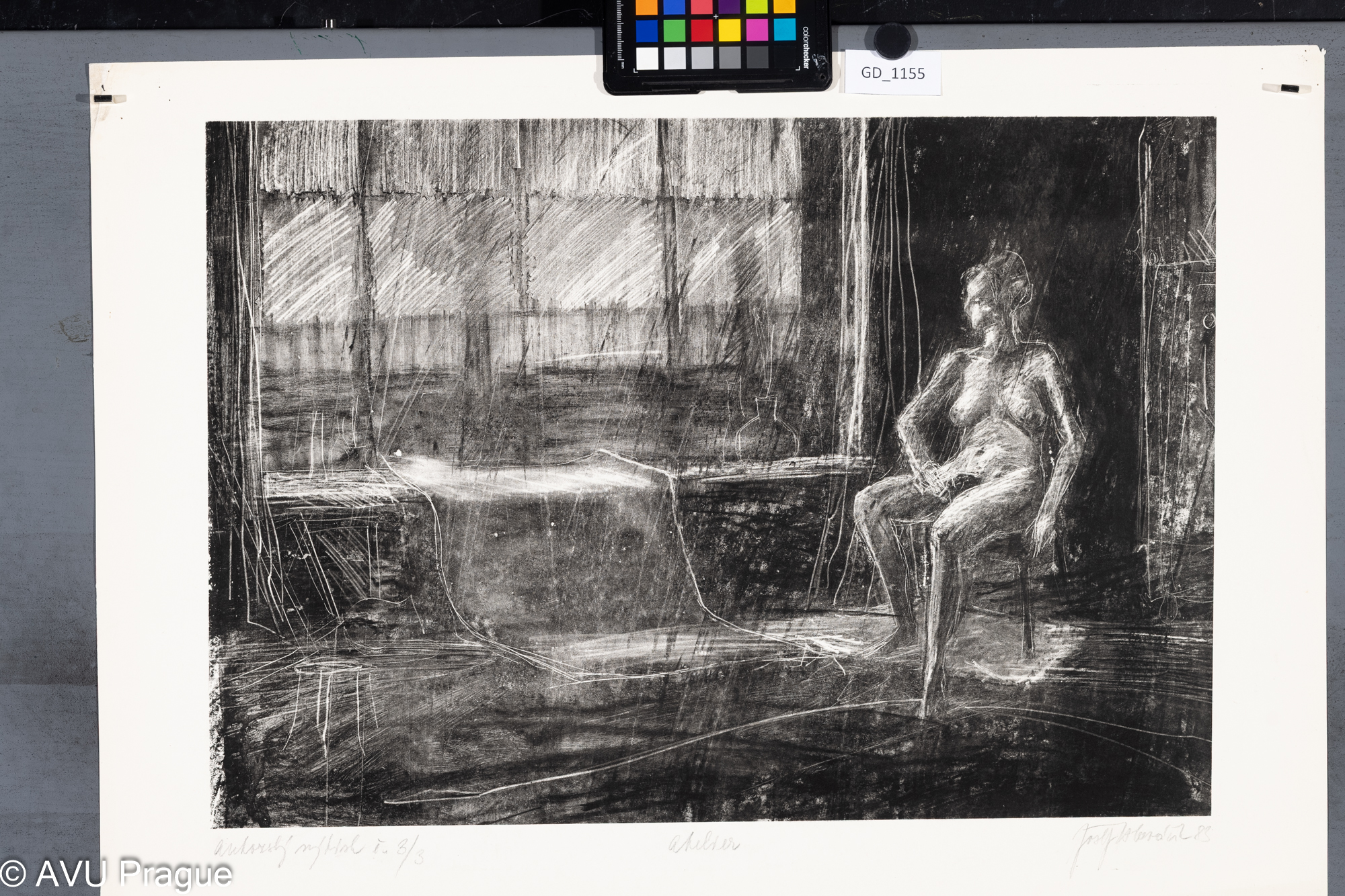 Josef Hlaváček, Ateliér,1983,Litografie,38,7 x 54,5, 50,3 x 66,9,Čepelák