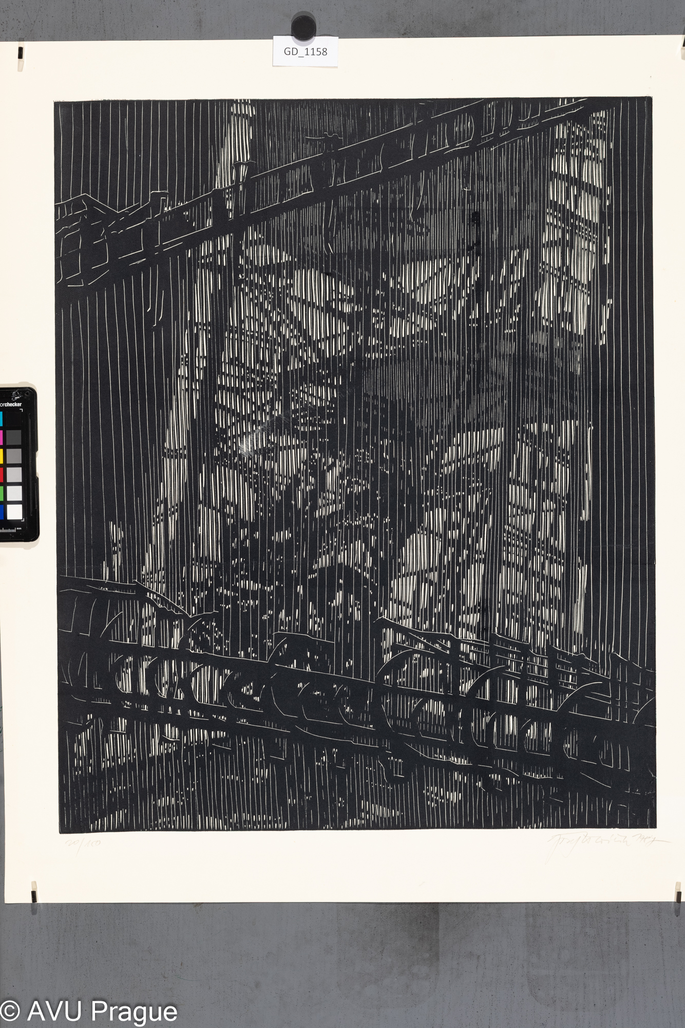 Josef Hlaváček,Jeřáb a transportér,1986,Linoryt, 59,1 x 48,3,70 x 57,5,Čepelák