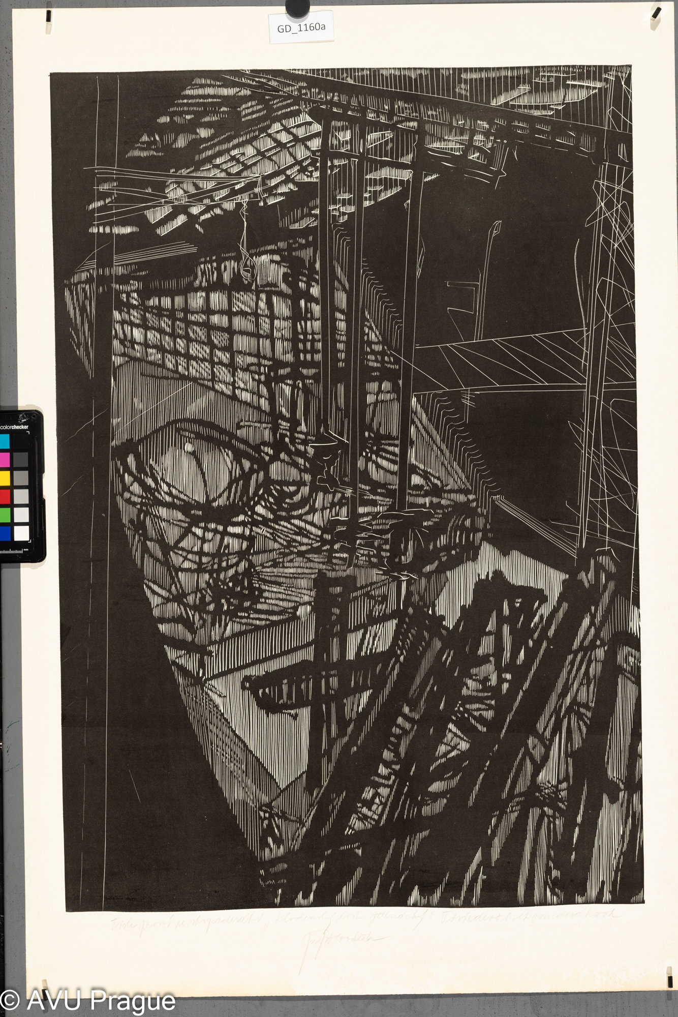 Josef Hlaváček,Kladenský list jedenáctý - Hala, 1986, Linoryt, 68,5 x 47,4, 80,6 x 54,3,Čepelák