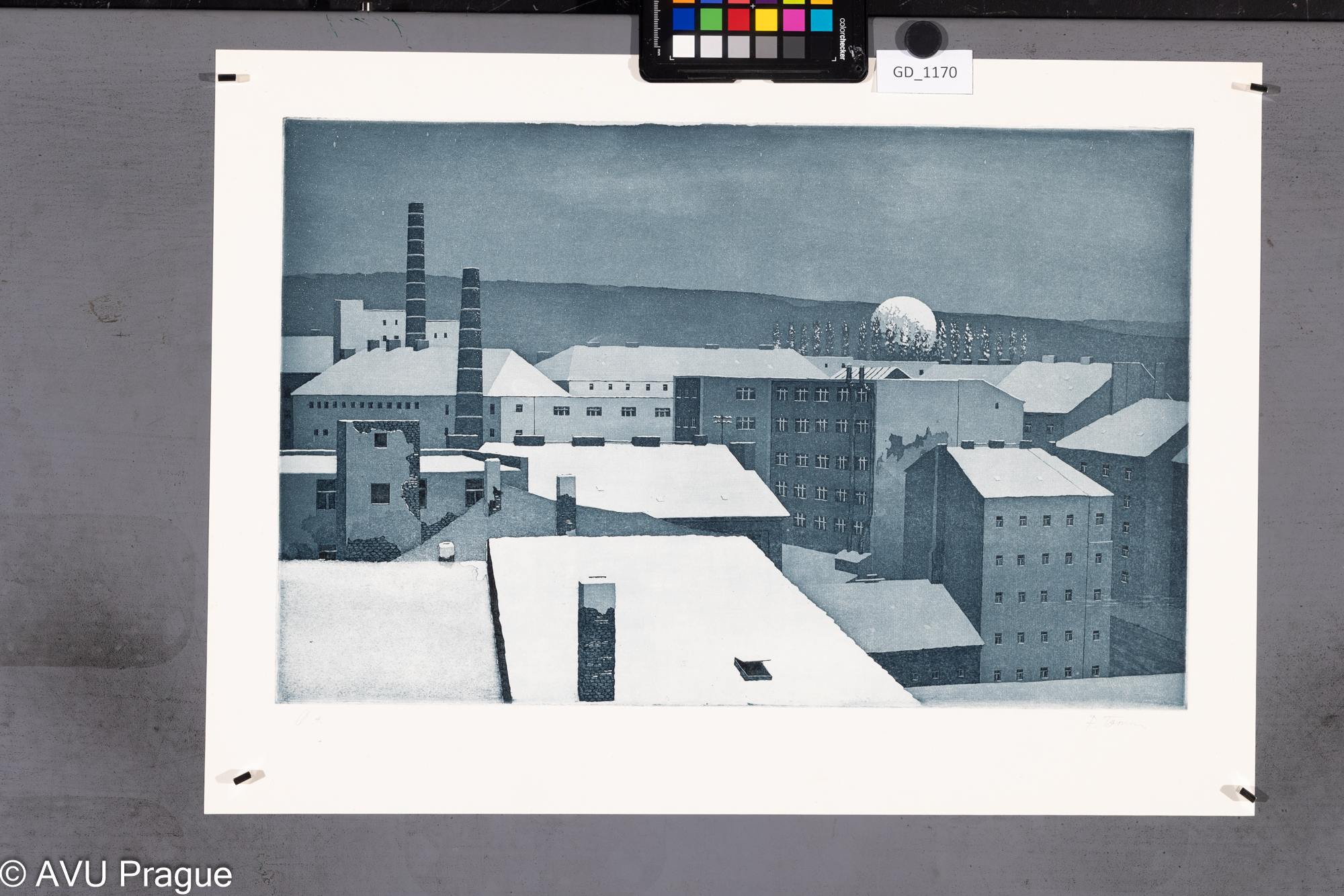 Petr Toman, Zimní město s továrními komíny, Akvatinta, 31,8 x 49,7, 41,4 x 57,4, Čepelák