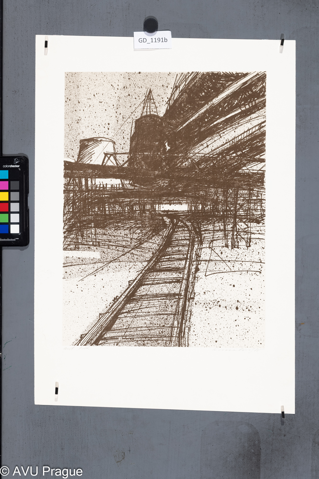 Jiří Kornatovský, Továrenská trať v továrně1985, Litografie - podtisk-tuž, 37,8 x 28,2,        
51,4 x 36,Čepelák,
Paderlík, Ptáček