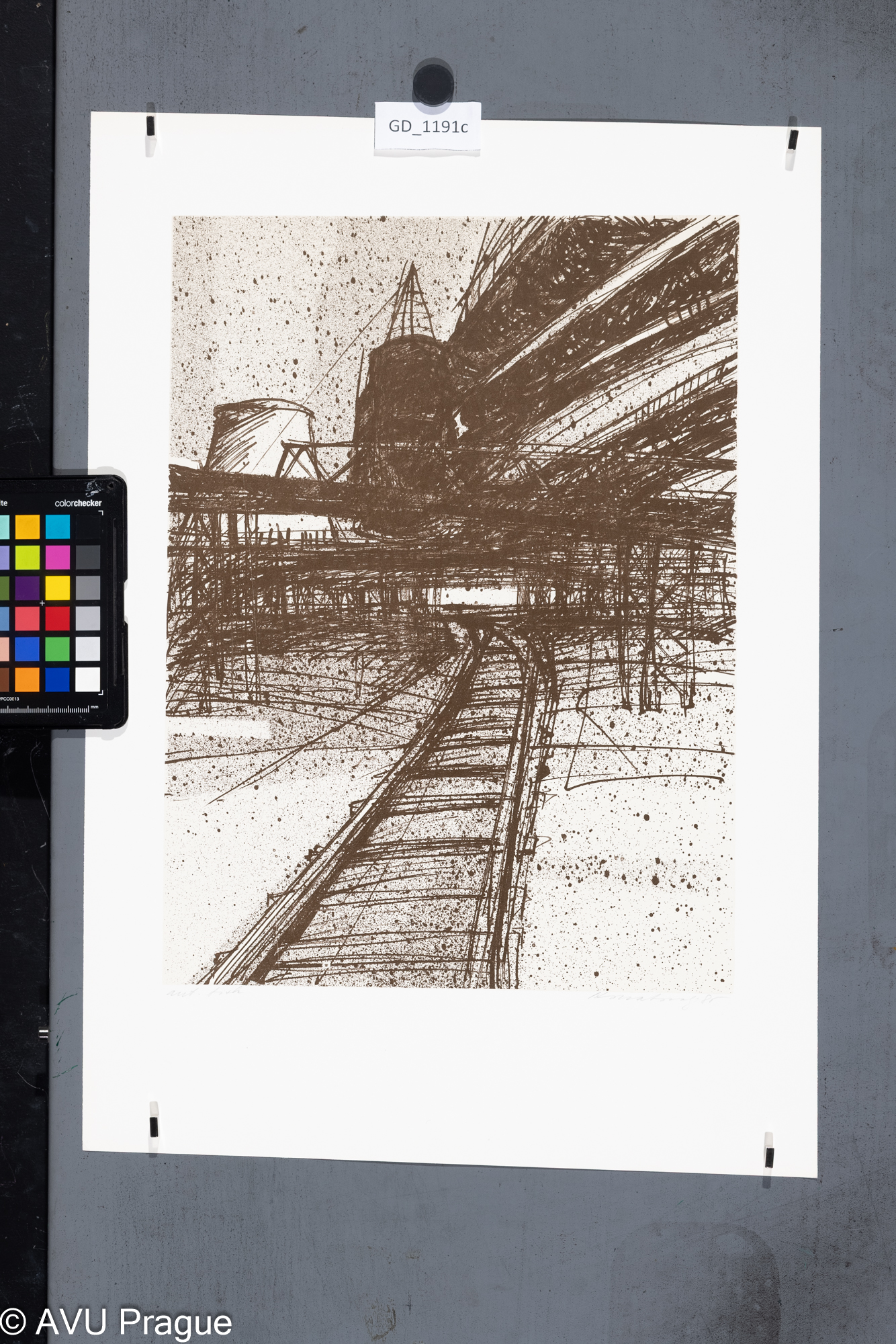 Jiří Kornatovský, Továrenská trať v továrně1985, Litografie - podtisk-tuž, 37,8 x 28,2,        
51,4 x 36,1,Čepelák,
Paderlík, Ptáček