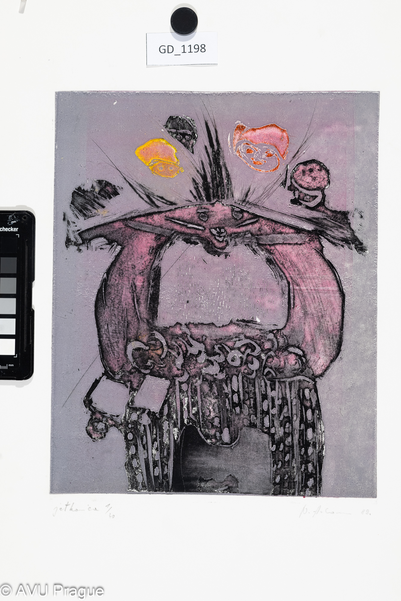 Neverka Arbamas, Abstraktní kompozice, 1989, Akvatinta,        
30 x 24,1,49,5 x 35,2,