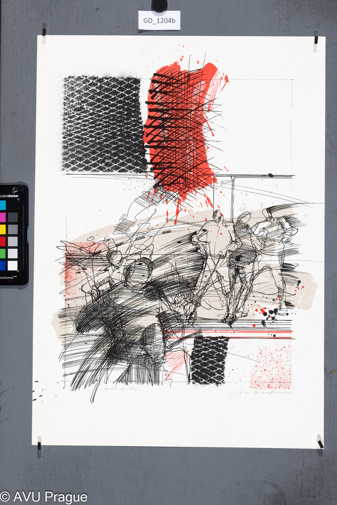 Miroslav Kaufman, dělníci v továrně, 1986?,Litografie - tuž - tři barvy, 42,5 x 33, 51,3 x 36,Pospíšil