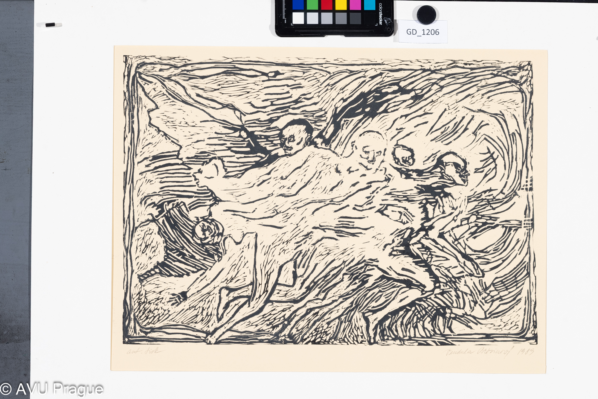 Vendula Březinová, Figurální kompozice, 1989, Linoryt,          30 x 43,356 x 42,6, Čepelák