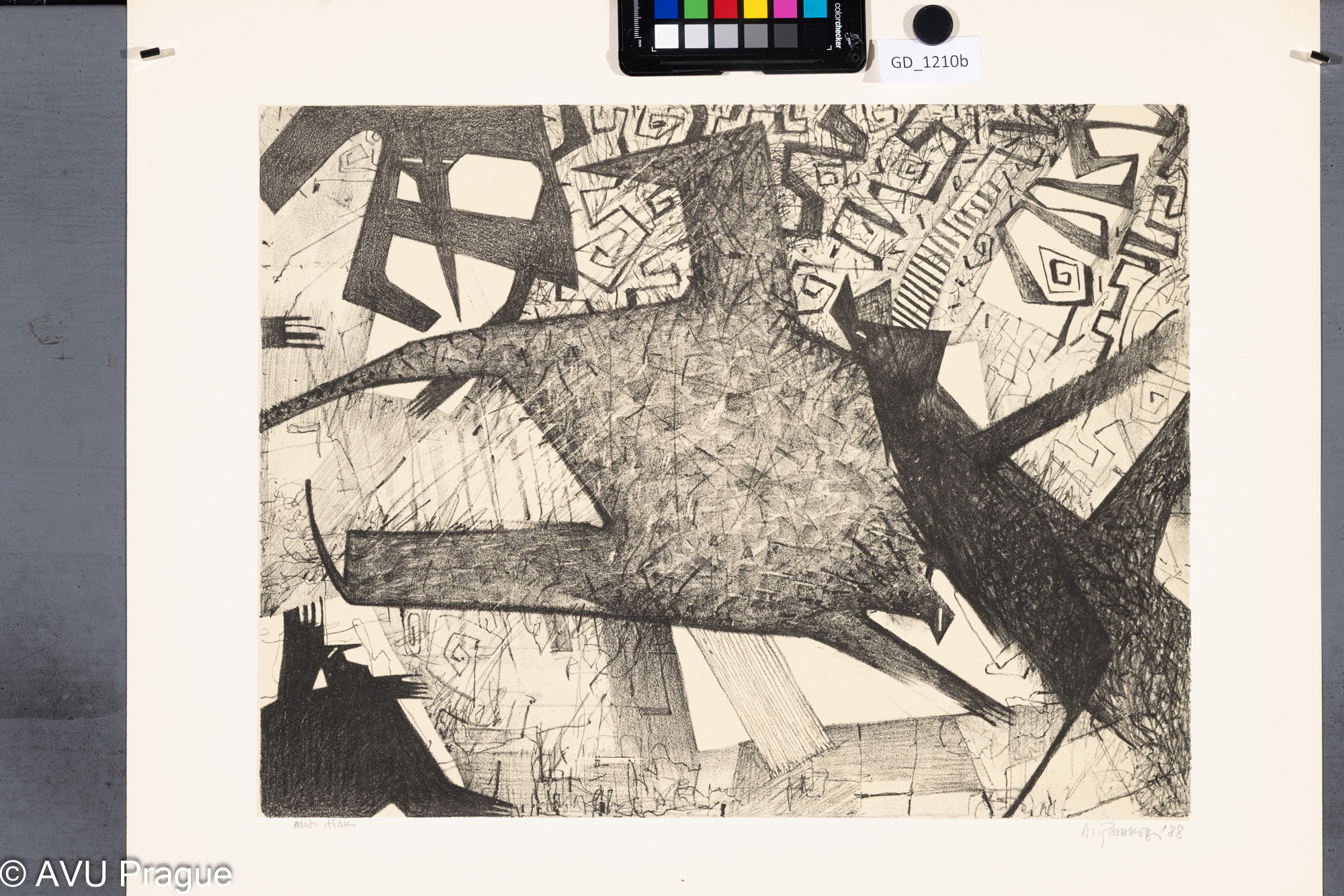 Nezjištěno, Abstraktní kompozice, 1988, Litografie - podtisk, 35,8 x 47,51,4 x 60,3,