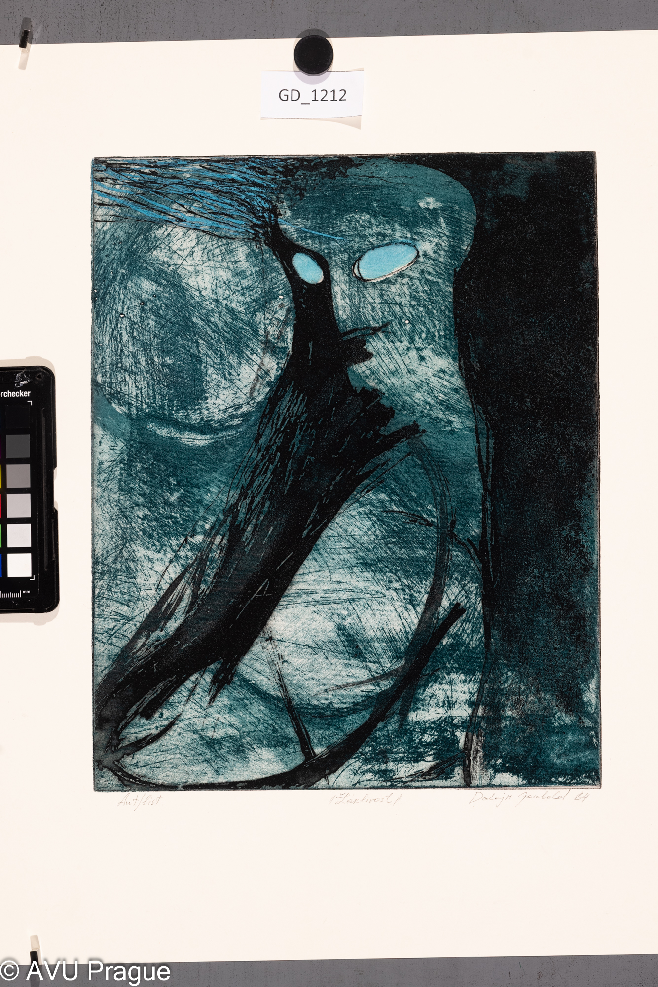 Dalajn Gambold, Žárlivost, 1984,Lept /akvatinta - soutisk dvě matrice, 32,2 x 25,7, 46,8 x 41,4,Čepelák