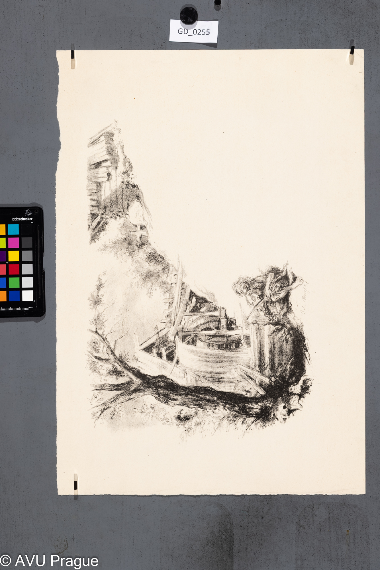 Houslista hracicí u mlýnského kola_ilustrace