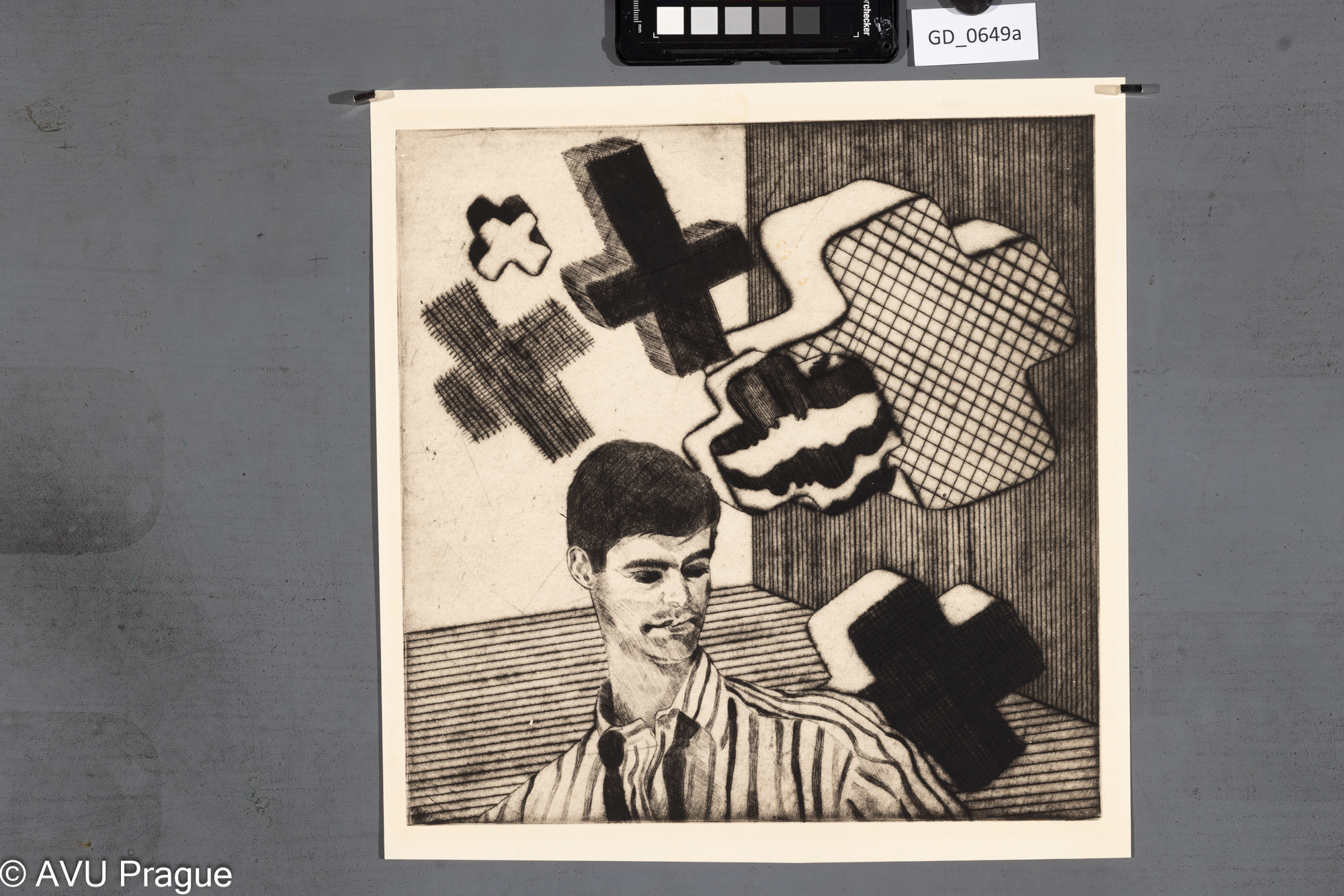 Mužská figura a abstraktní motivy křižků