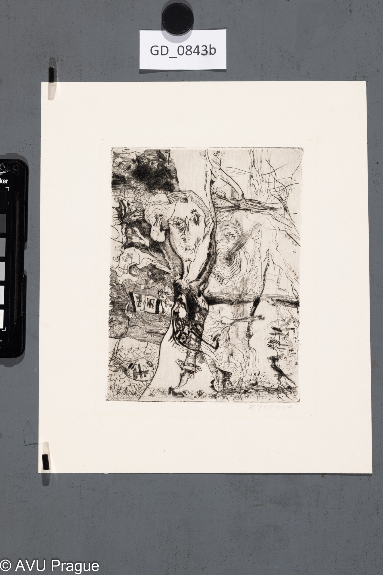 Ženská postava v krajině s domem