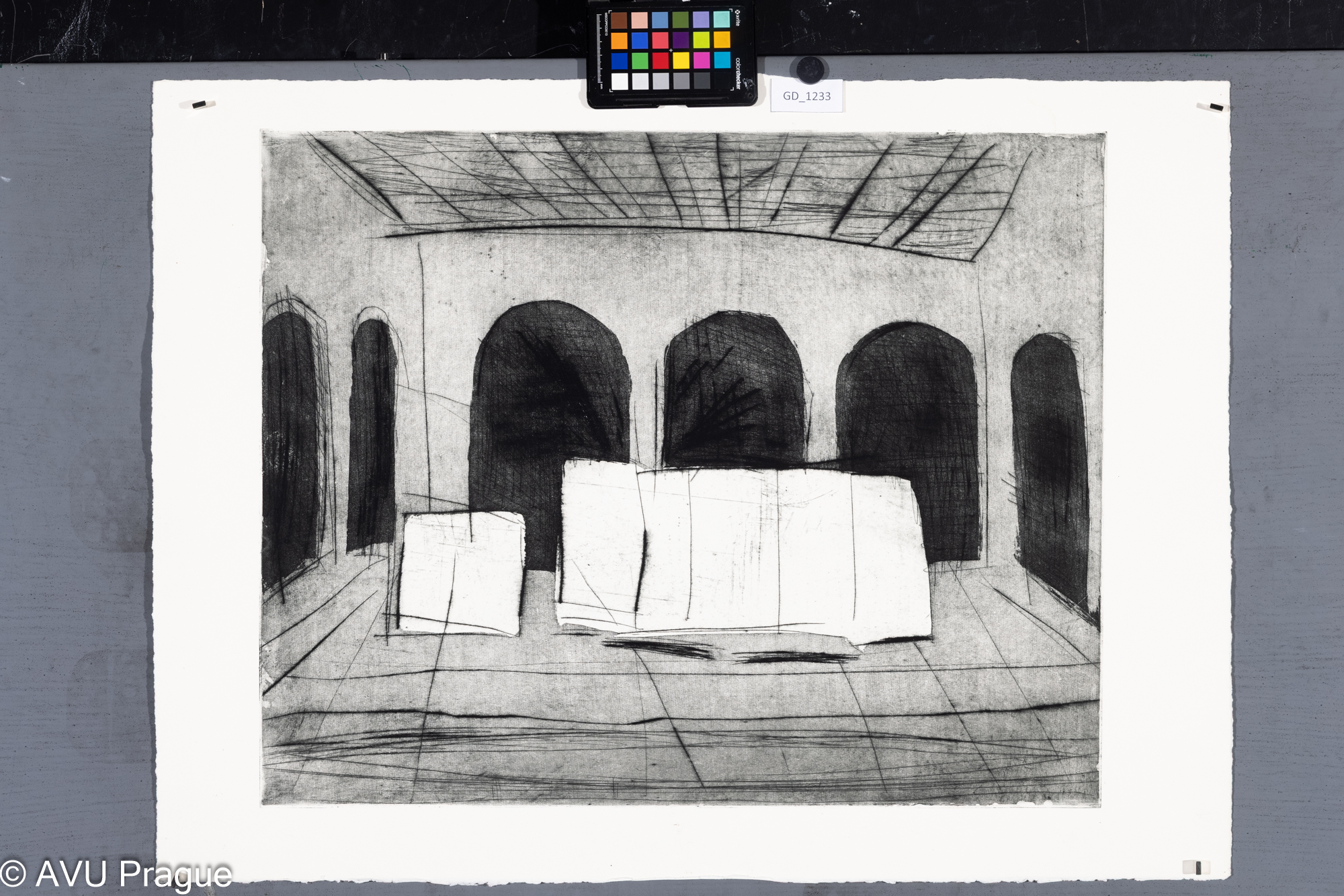 Bílý praktikábl a zástěna na Hale MG AVU